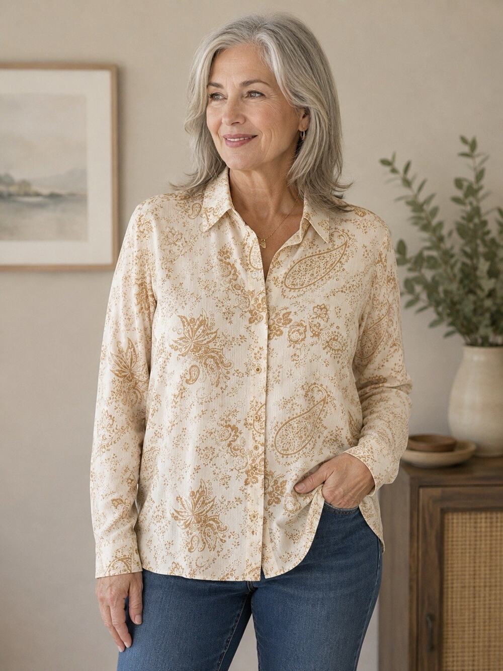 Denim & Co Womens Large Ivory Tan Paisley Floral Button Down Shirt Cotton